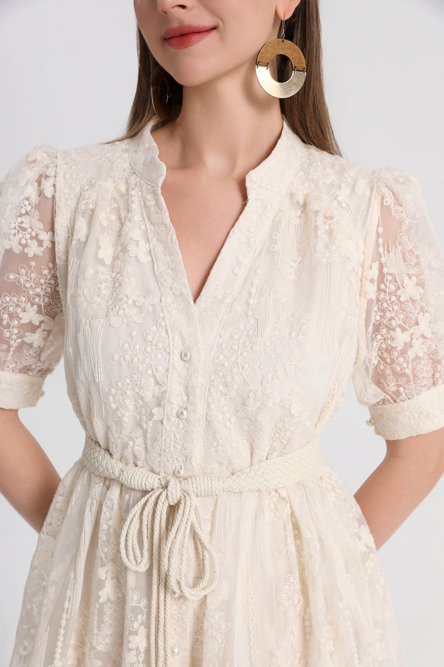 Women'sTulle Embroidery V-Neck Lace Midi Dress