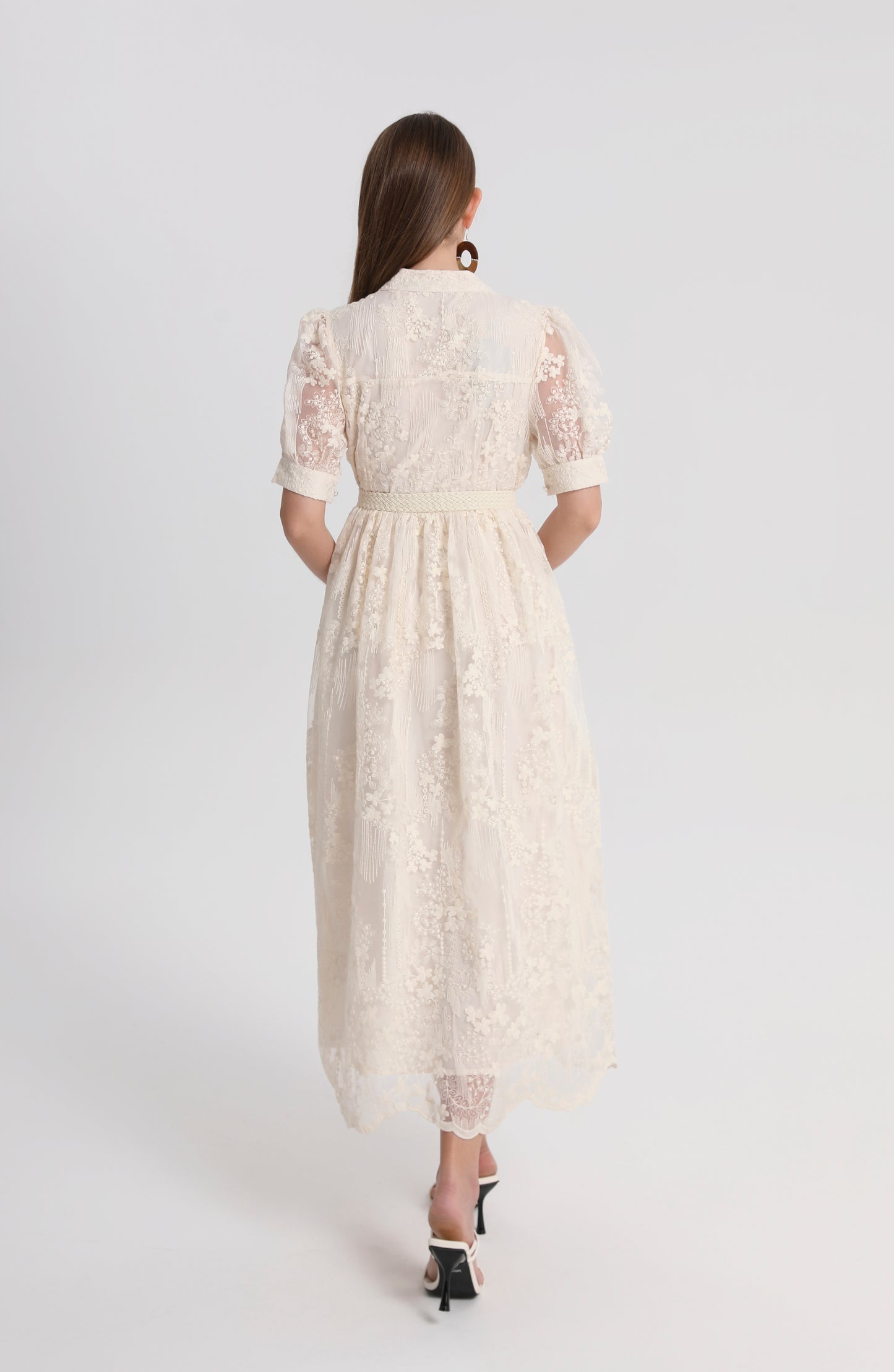 Women'sTulle Embroidery V-Neck Lace Midi Dress