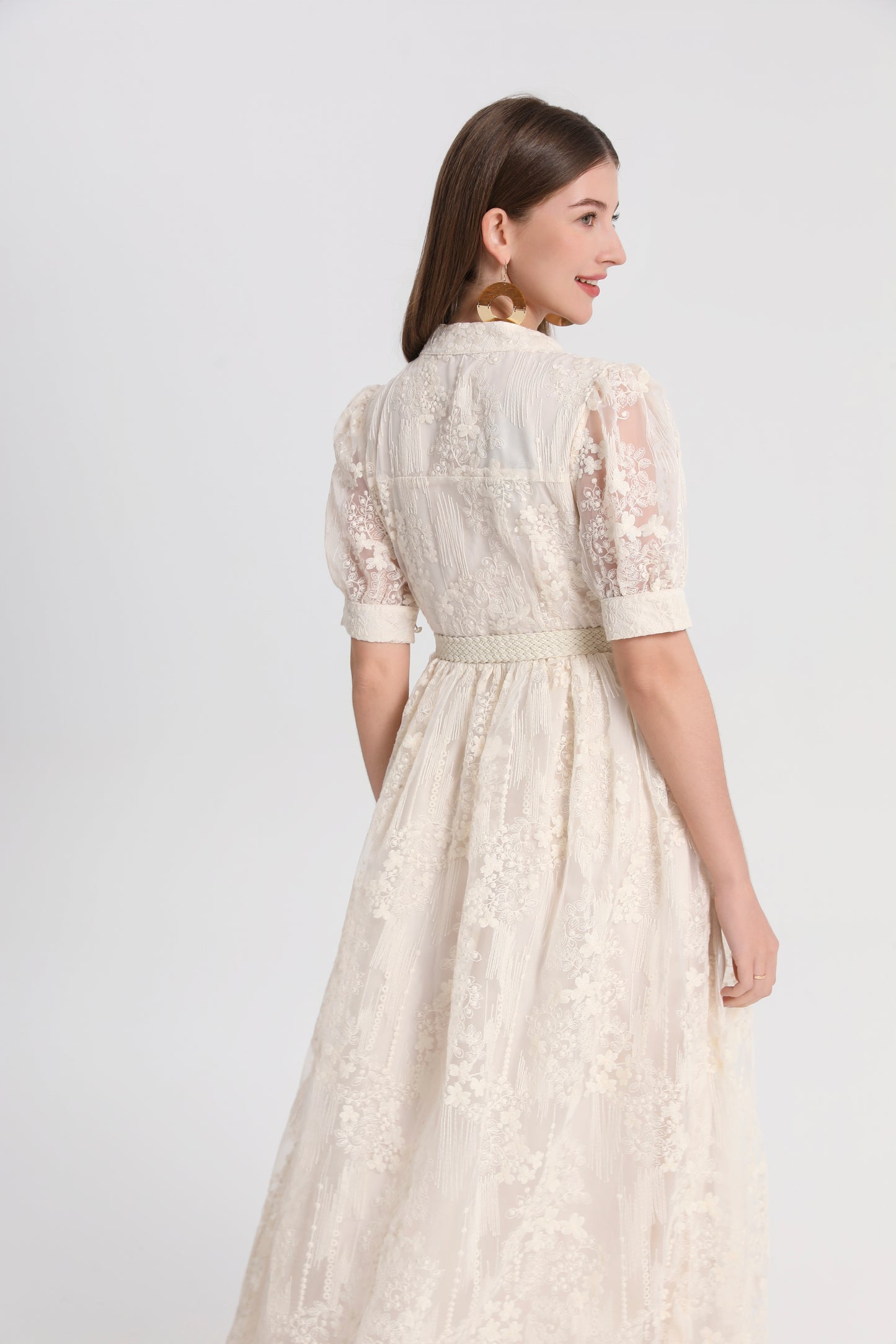 Women'sTulle Embroidery V-Neck Lace Midi Dress