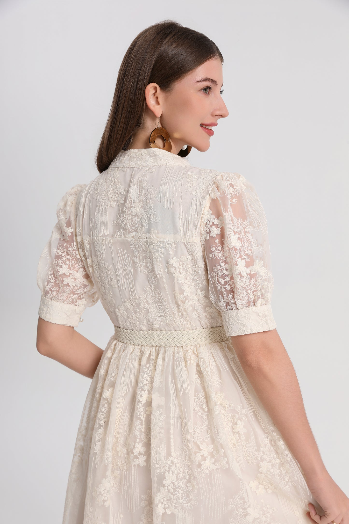 Women'sTulle Embroidery V-Neck Lace Midi Dress