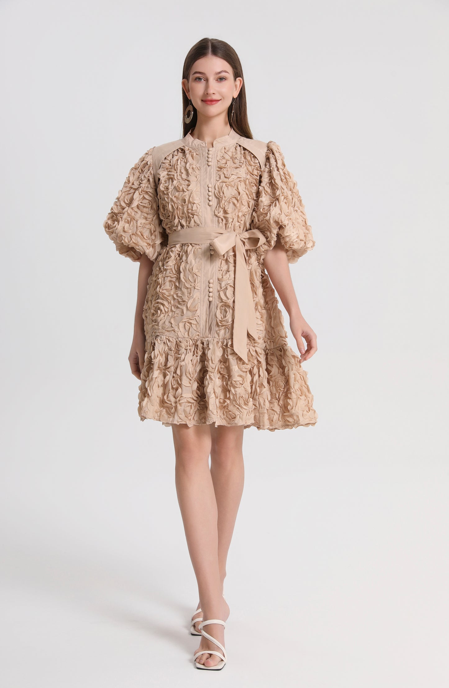 Women 3D Floral Puff Sleeve Ruffle Mini Dress