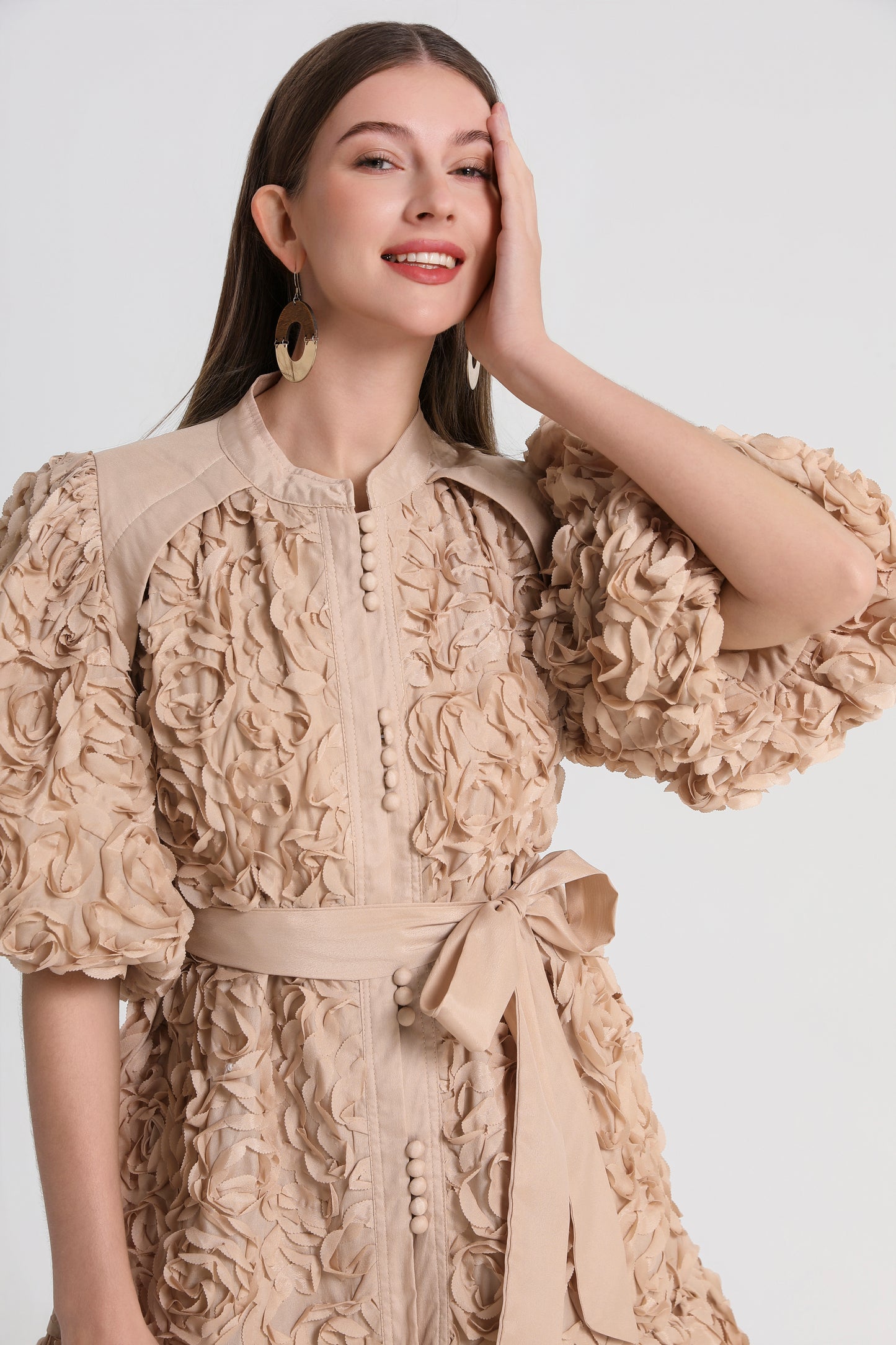 Women 3D Floral Puff Sleeve Ruffle Mini Dress