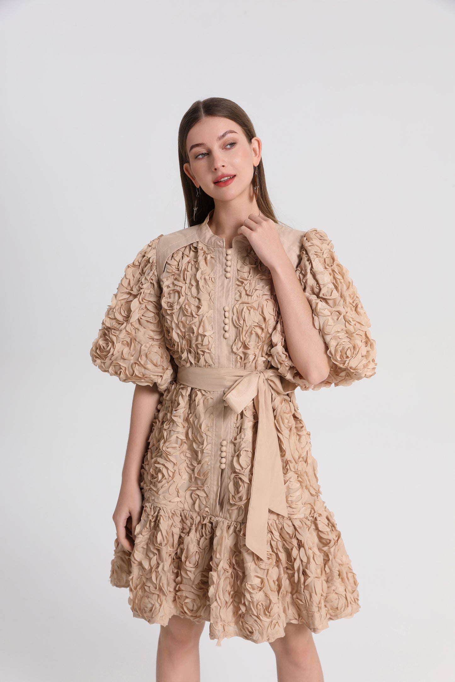 Women 3D Floral Puff Sleeve Ruffle Mini Dress