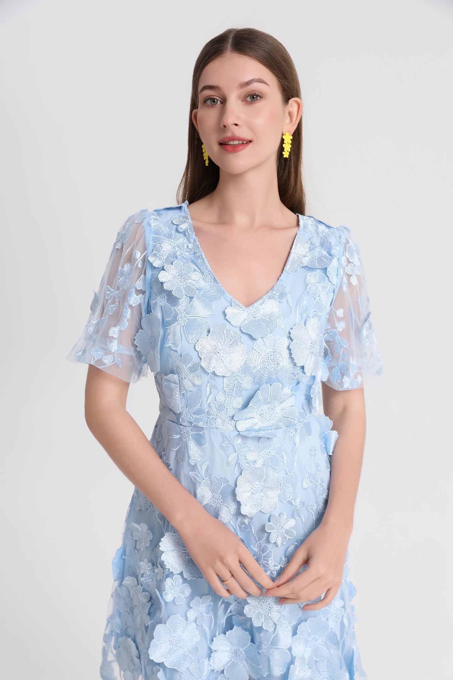 Women's 3D Floral V-Neck Lace Mesh Mini Dress