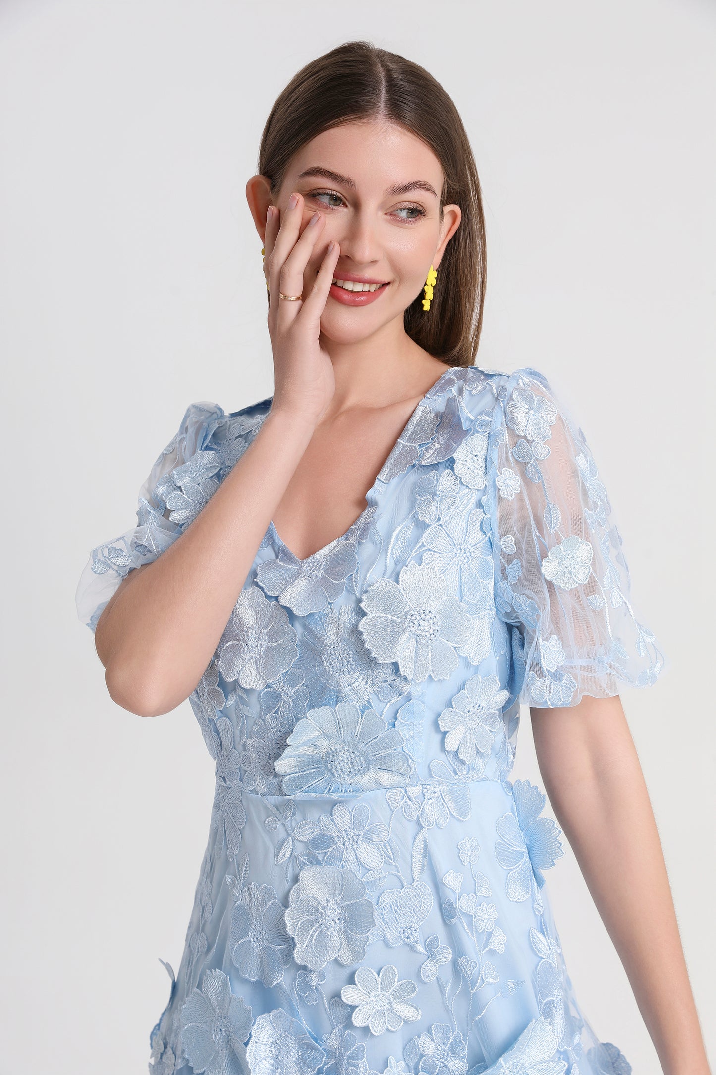 Light Blue 3D Floral Embroidered Mini Dress for Wedding Guests - LAI MENG FIVE CATS