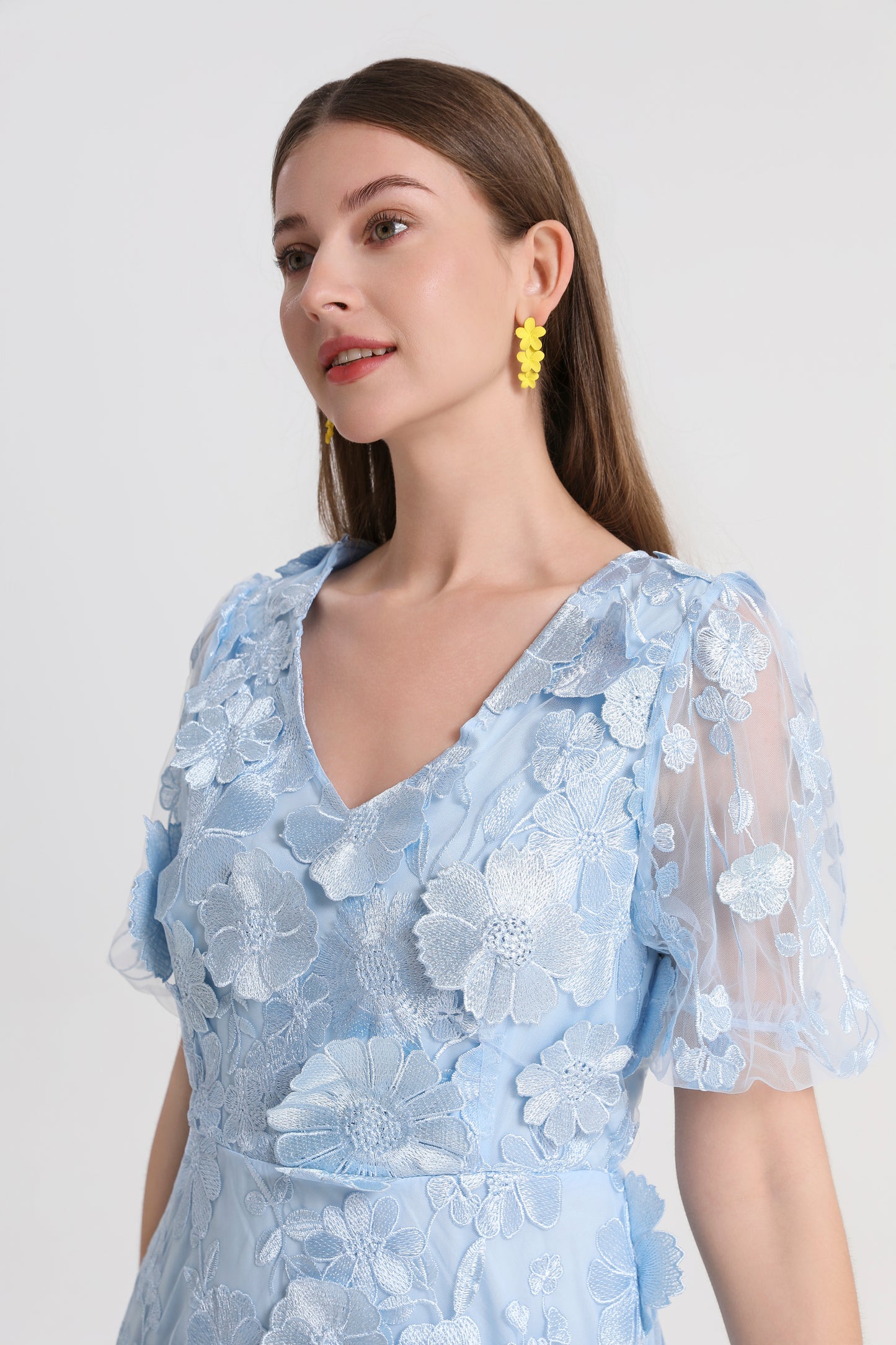 Women's 3D Floral V-Neck Lace Mesh Mini Dress