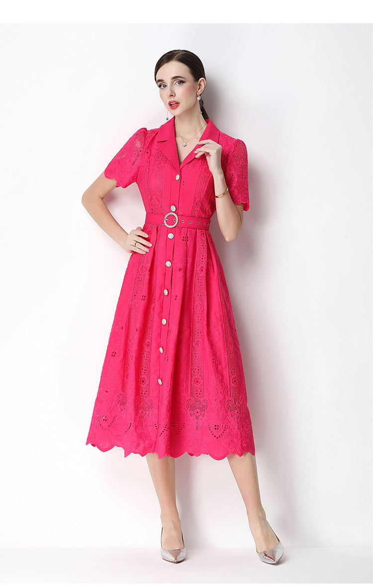 Elegant Lace Button-Front Midi Dress with Belt - LAI MENG FIVE CATS