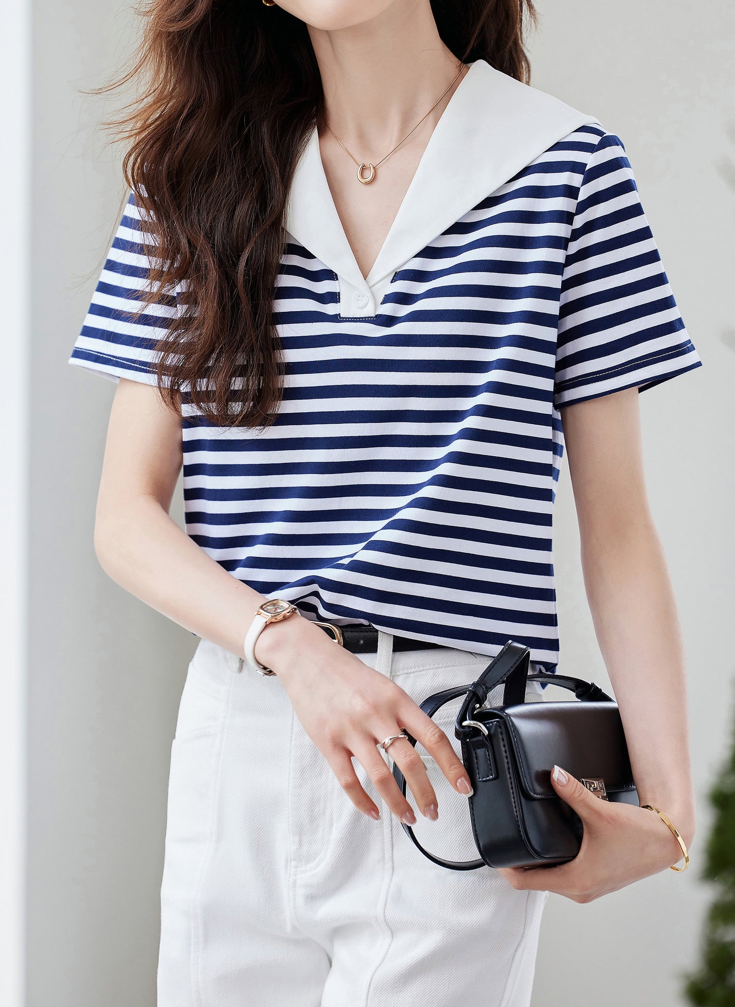 Striped Sailor Collar Tee – Navy & White