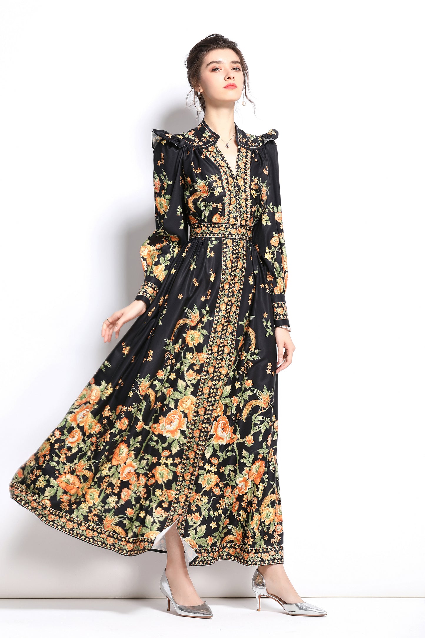 Women's Vintage Floral Print V Neck Button Front Maxi Dress - LAI MENG FIVE CATS