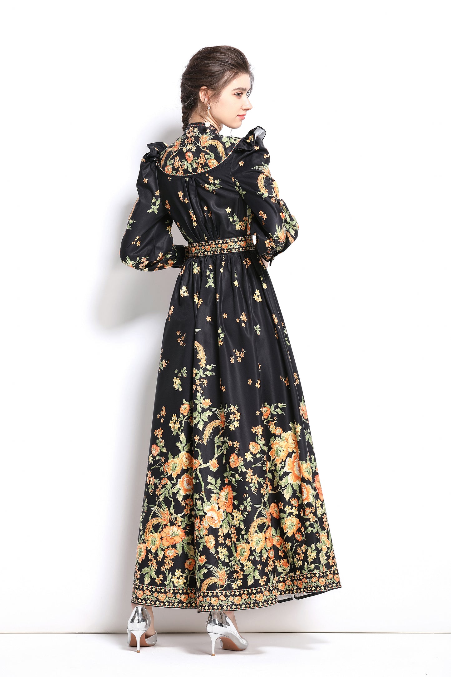Women's Vintage Floral Print V Neck Button Front Maxi Dress - LAI MENG FIVE CATS