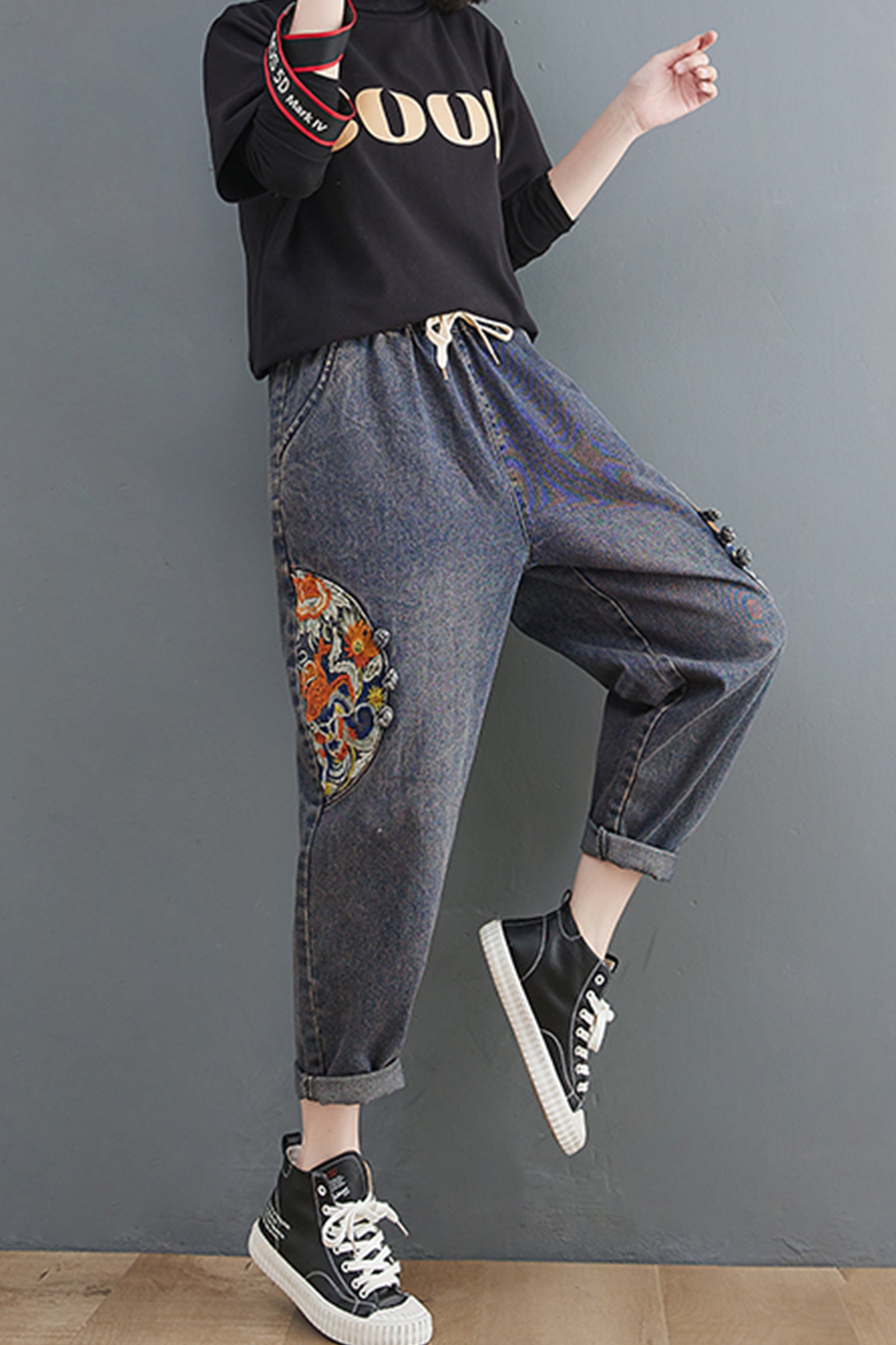 Women's Jeans Pattern Elastic Waist Casual Harem Pants With Pockets - LAI MENG FIVE CATS