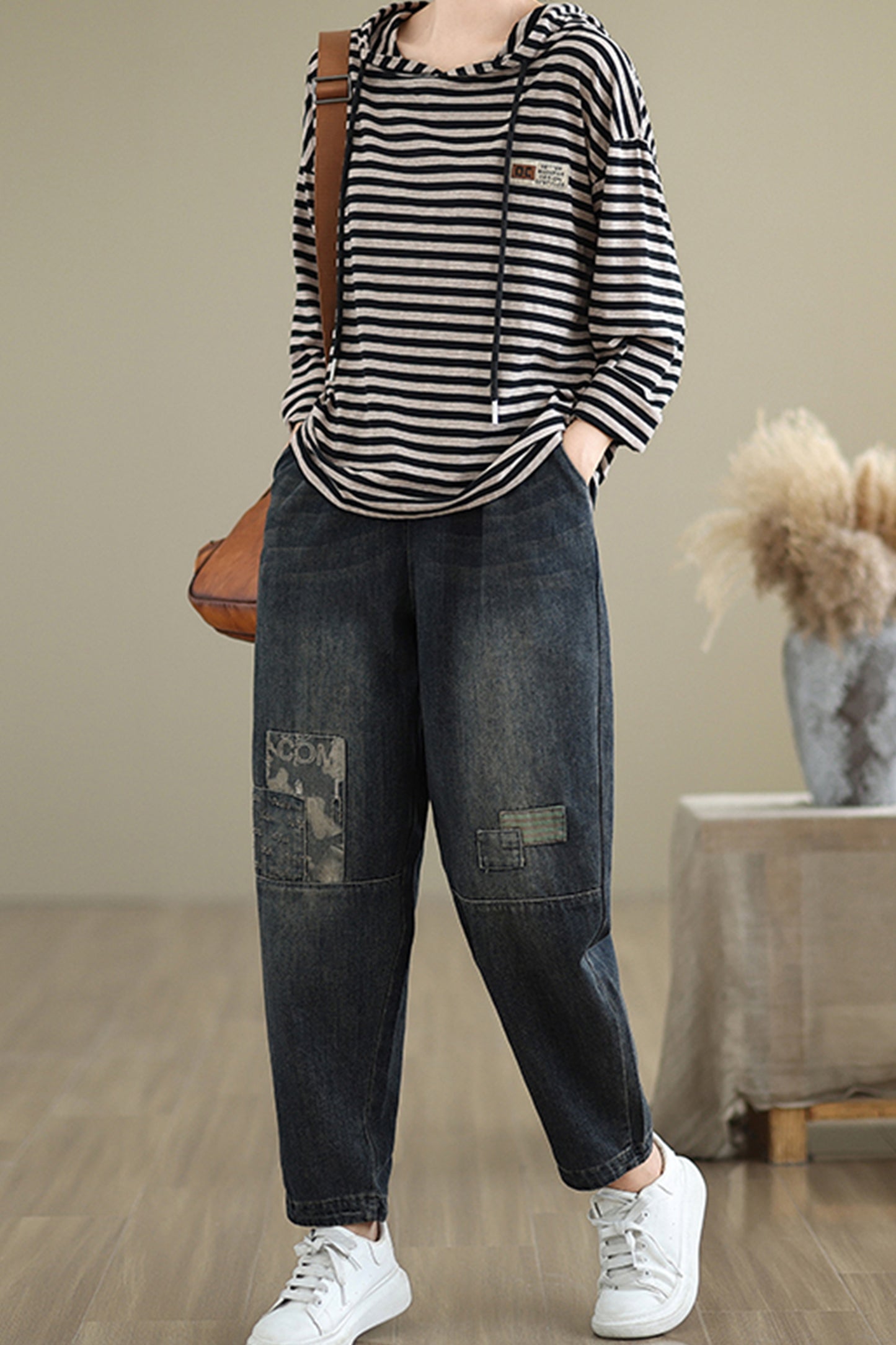 Women's Baggy Jeans Pattern Elastic Waist Casual Harem Pants With Pockets - LAI MENG FIVE CATS