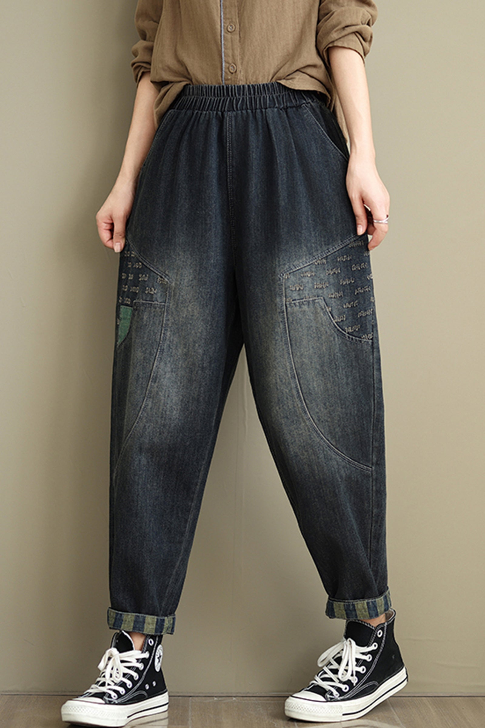Women's Baggy Jeans Pattern Elastic Waist Casual Harem Pants With Pockets - LAI MENG FIVE CATS