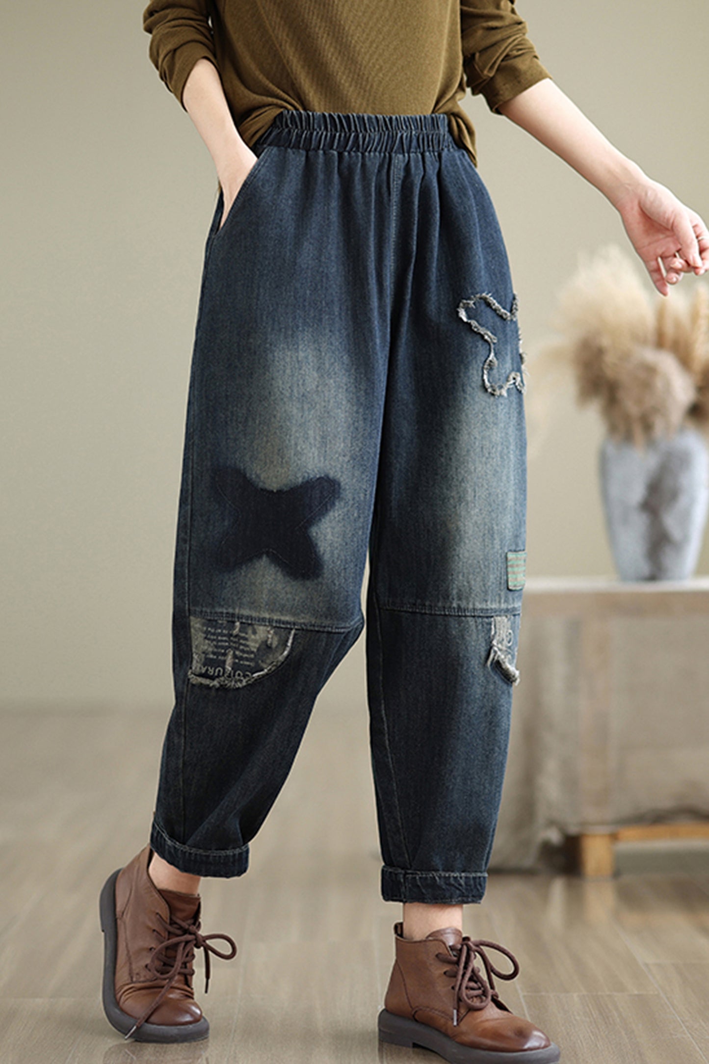 Women's Baggy Jeans Pattern Elastic Waist Casual Harem Pants - LAI MENG FIVE CATS