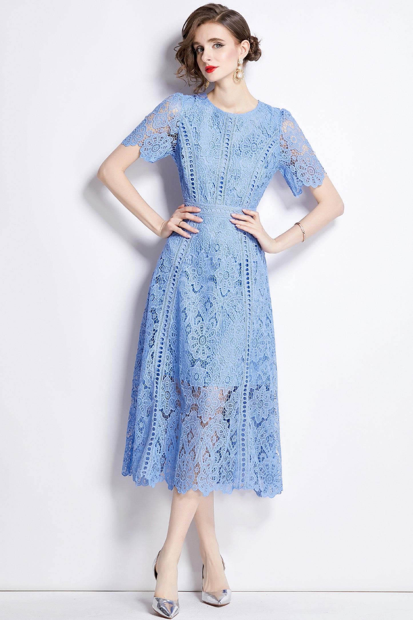 Women's Flowy Floral Lace Short Sleeve Round Neck Evening Dress - LAI MENG FIVE CATS