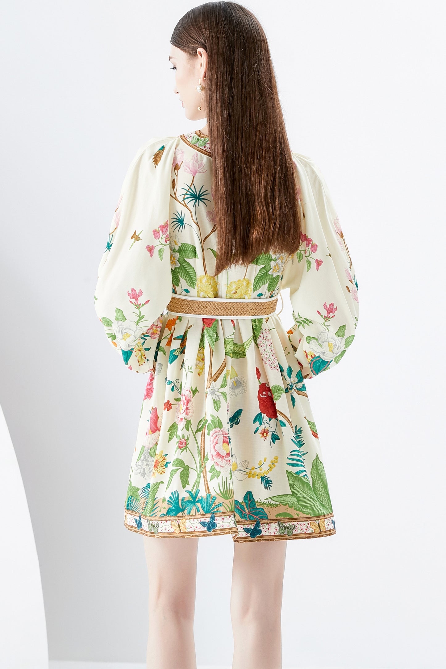 Women's V-Neck Floral Print Lantern Sleeve Button up Casual Mini Dress