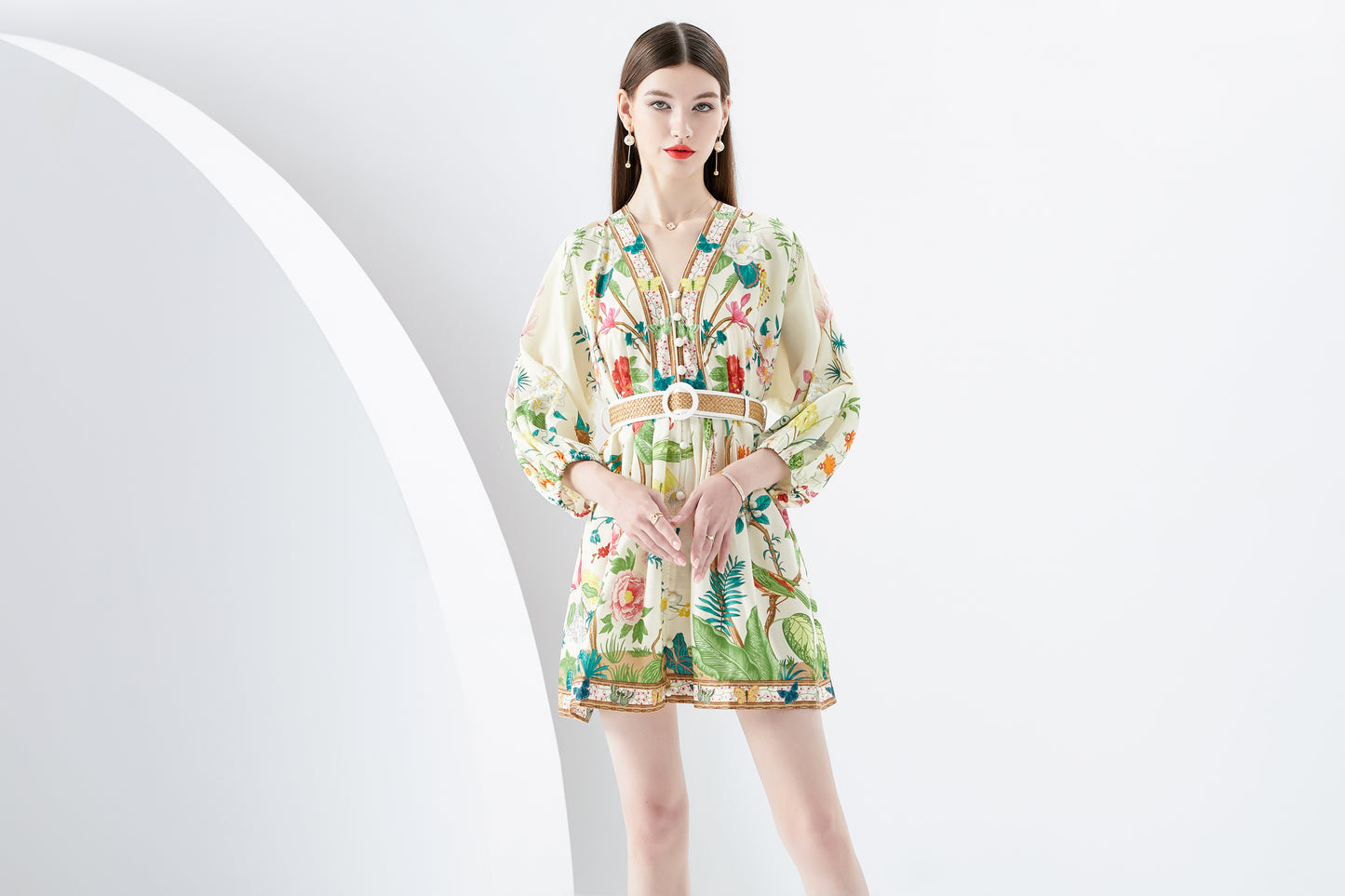 Women's V-Neck Floral Print Lantern Sleeve Button up Casual Mini Dress