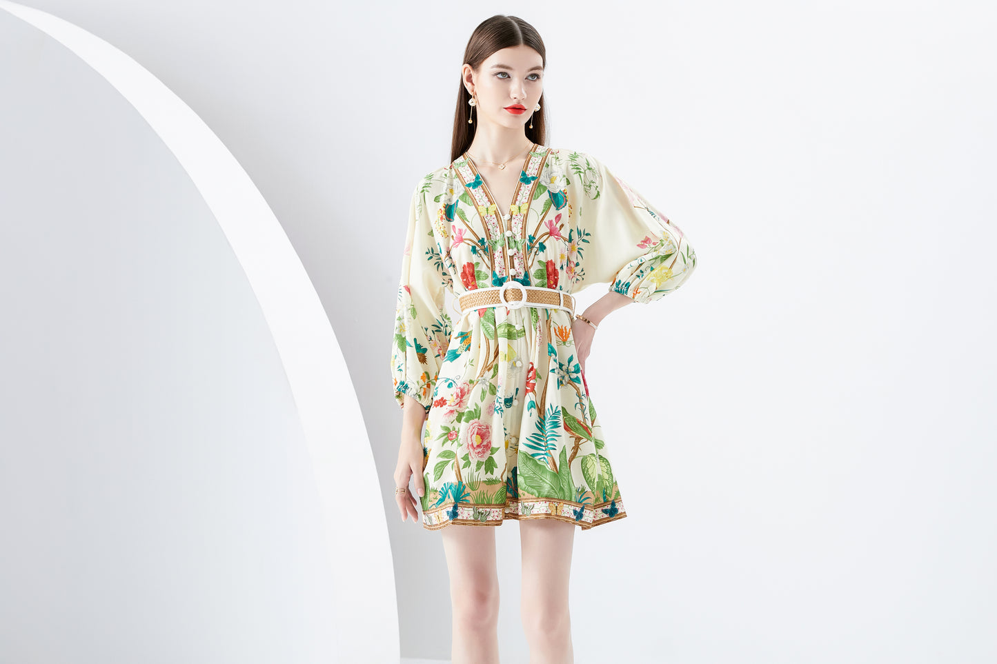 Women's V-Neck Floral Print Lantern Sleeve Button up Casual Mini Dress