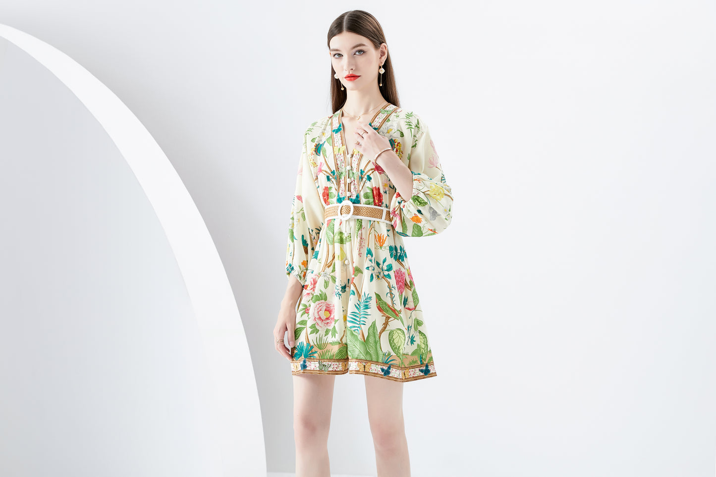 Women's V-Neck Floral Print Lantern Sleeve Button up Casual Mini Dress