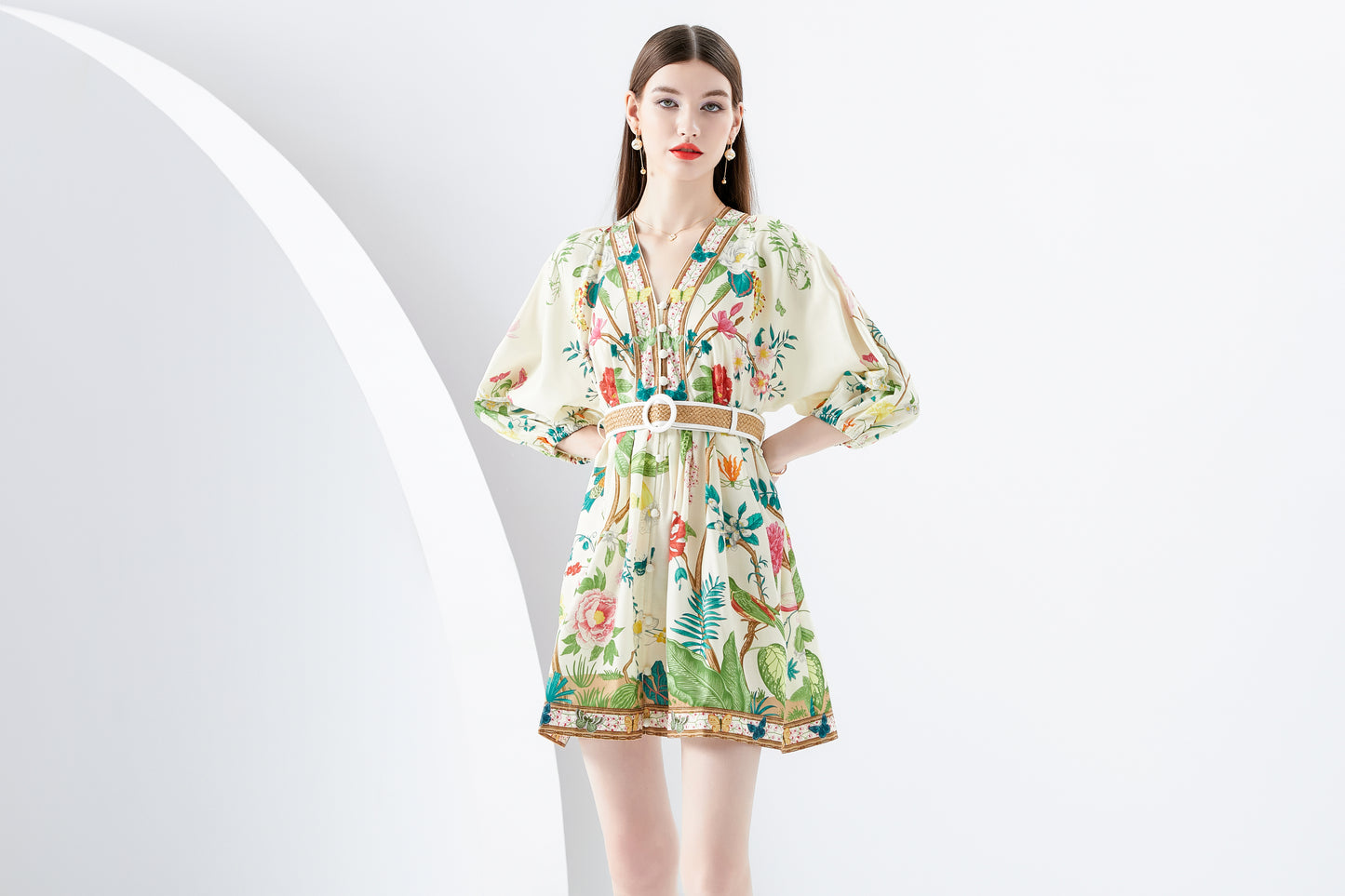 Women's V-Neck Floral Print Lantern Sleeve Button up Casual Mini Dress