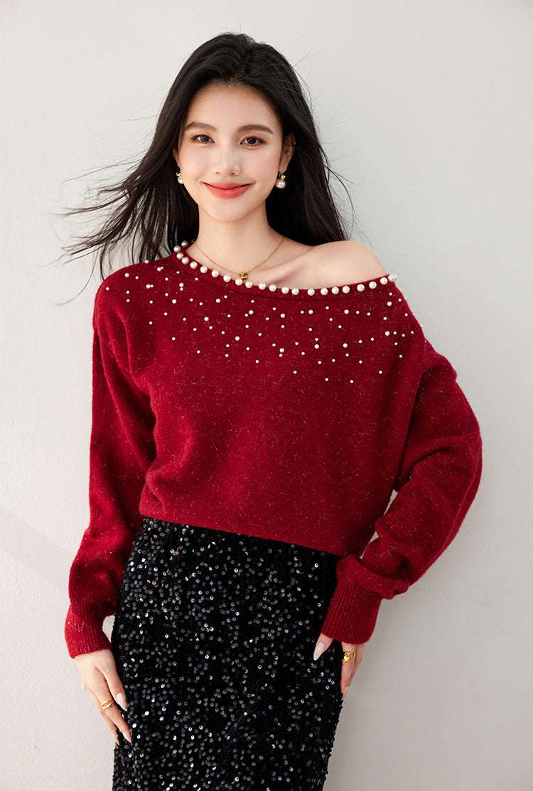 SD-Off Shoulder Shining Beads Pullover Sweater - LAI MENG FIVE CATS