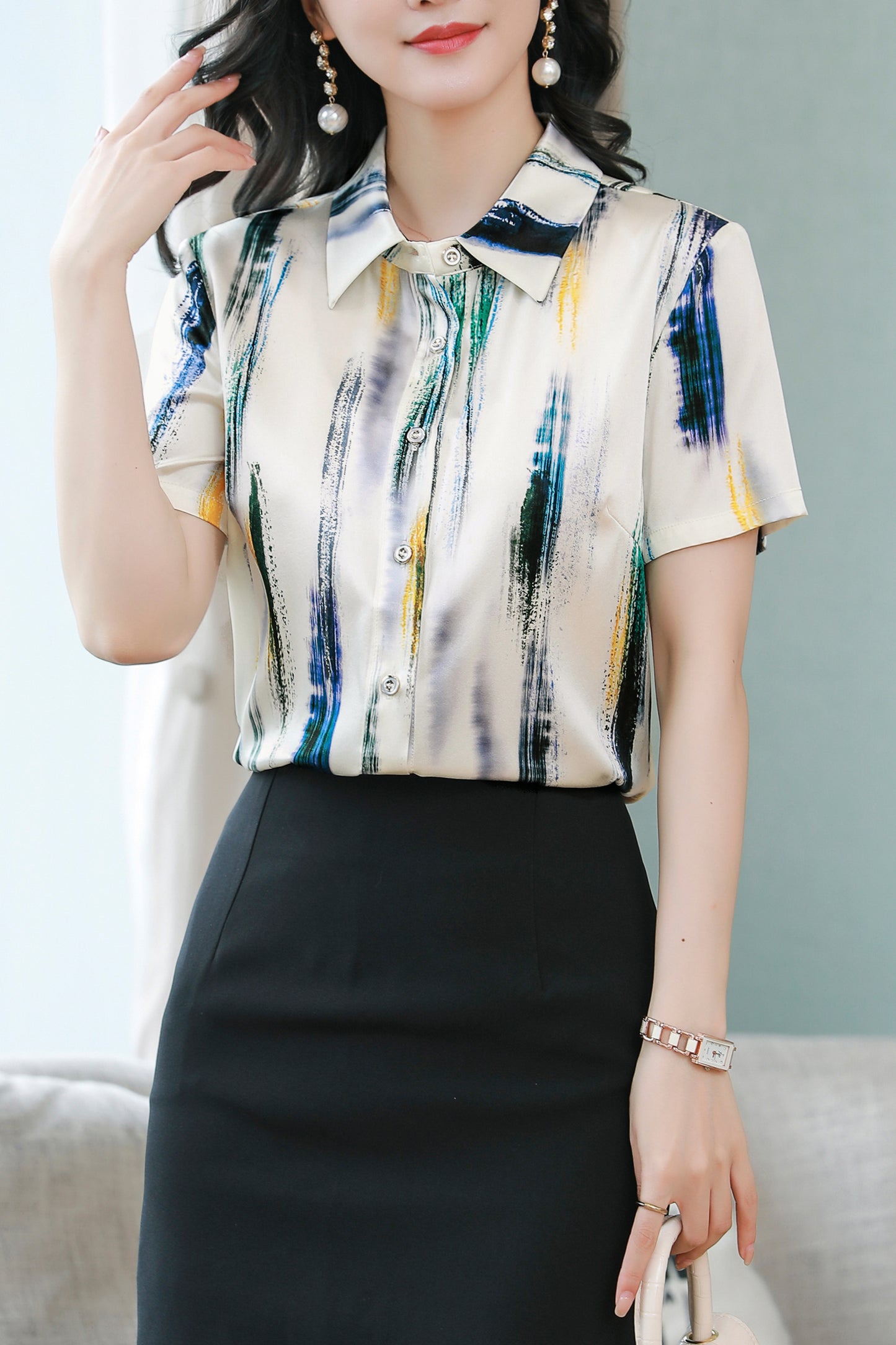 Women's Stain Floral Print Blouse Short Sleeve Tops