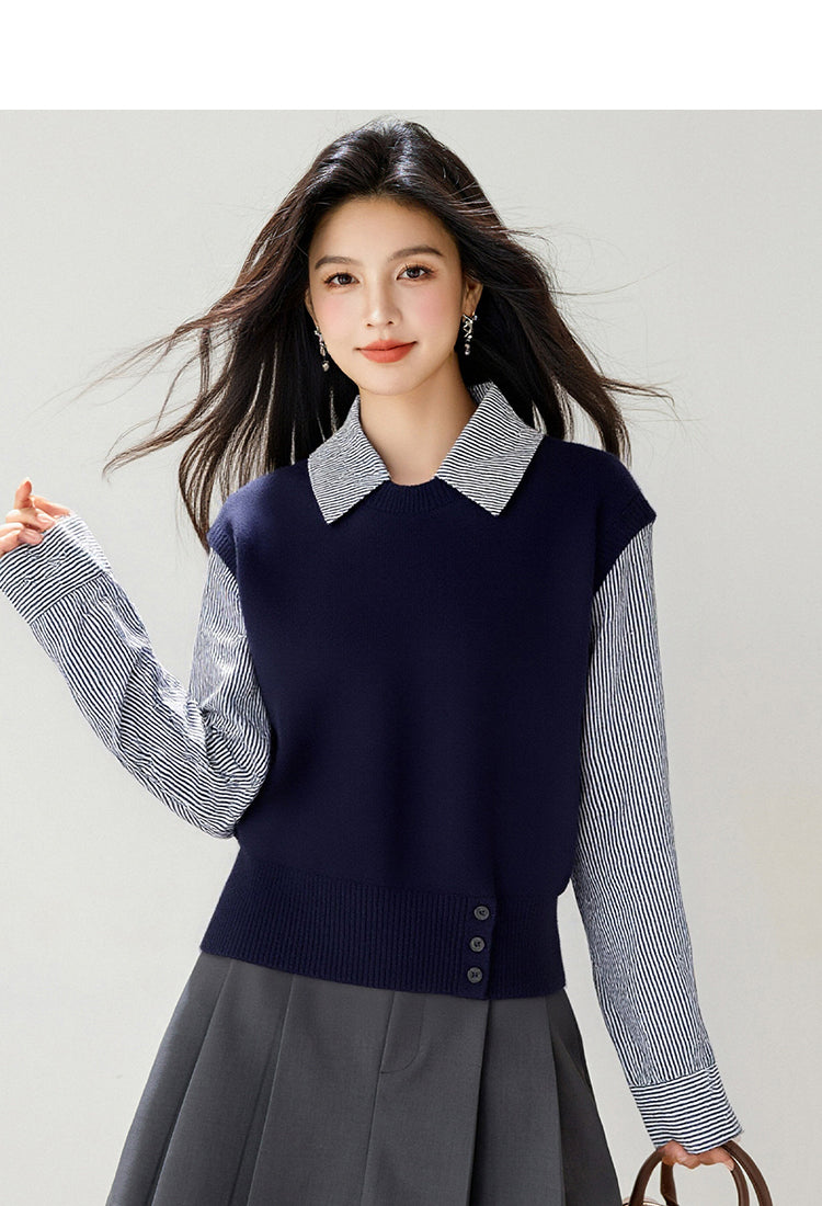 Women's Collared Stirpe Long Sleeve Pullover Sweater
