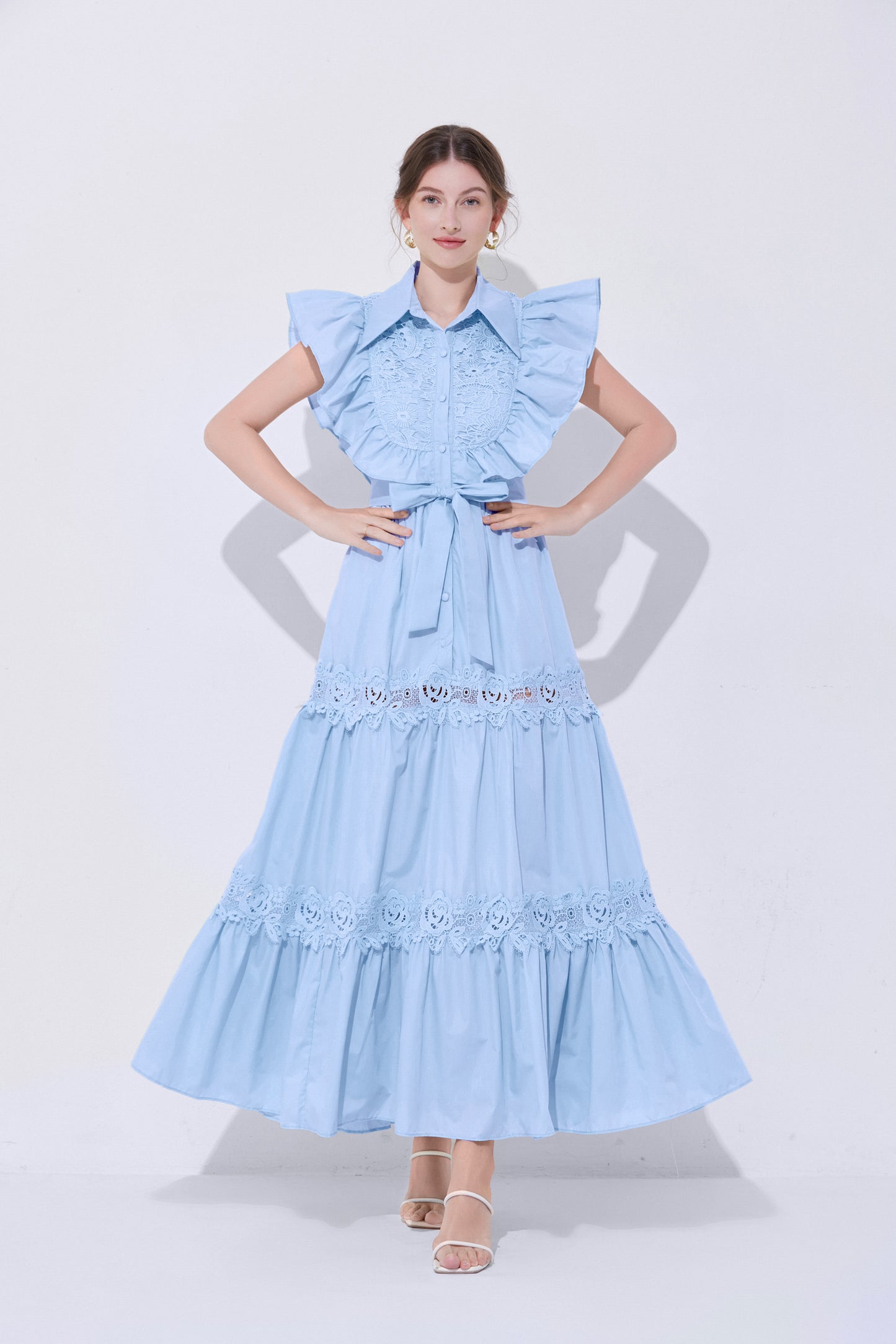 Women's Sleeveless Ruffles Lace Button  Mixi Dress