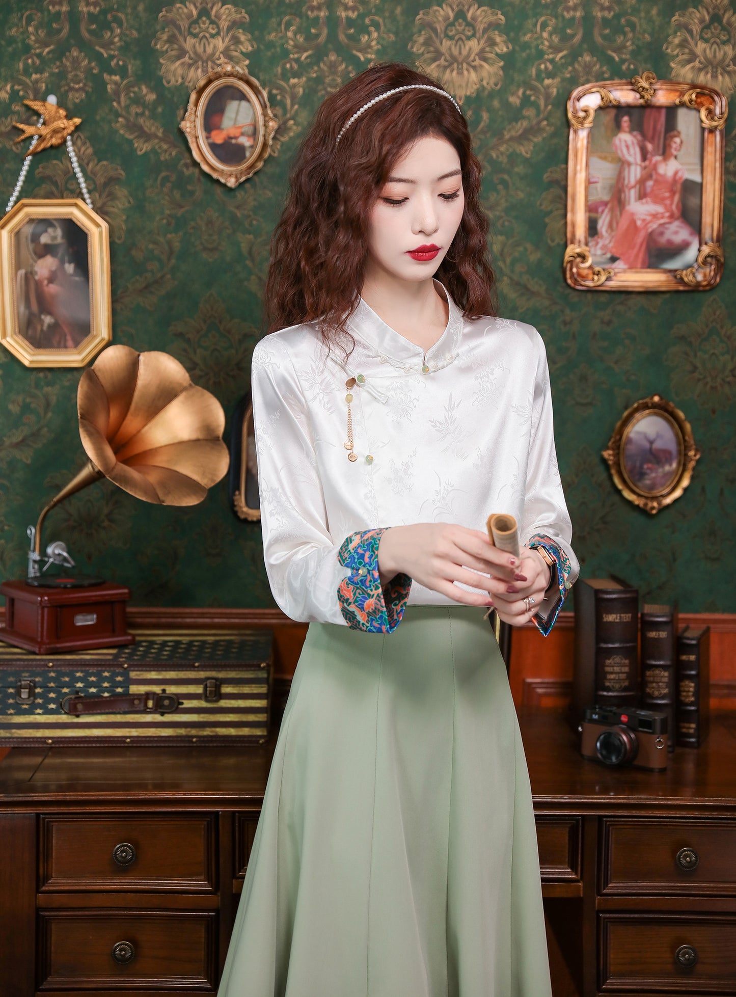 Women's Silk Satin Top Embroidered Jacquard Shirt