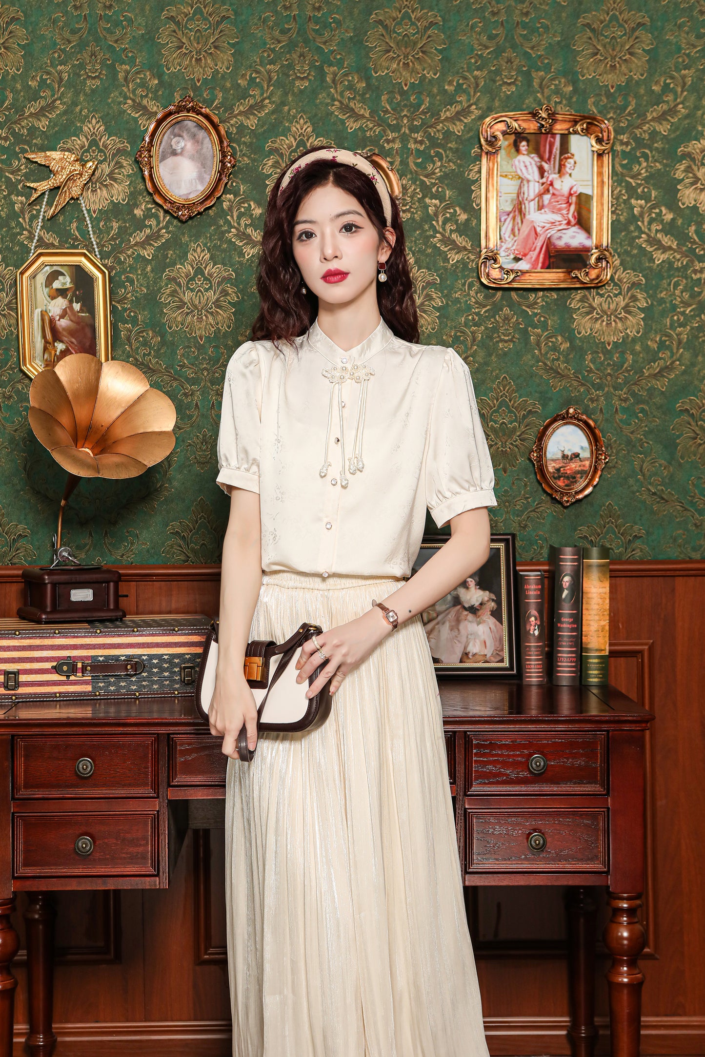 Women's Silk Satin Embroidery Jacquard Blouse Tops