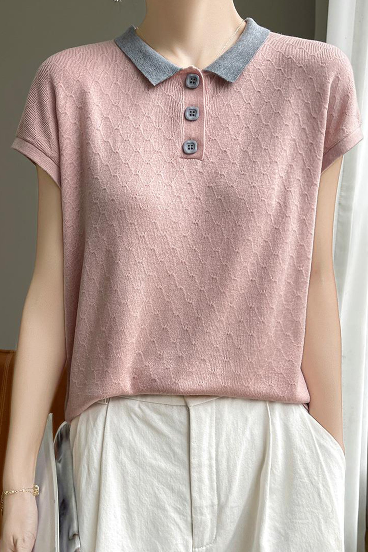 Women's Knit Tops Henley Shirts Color Block Blouse