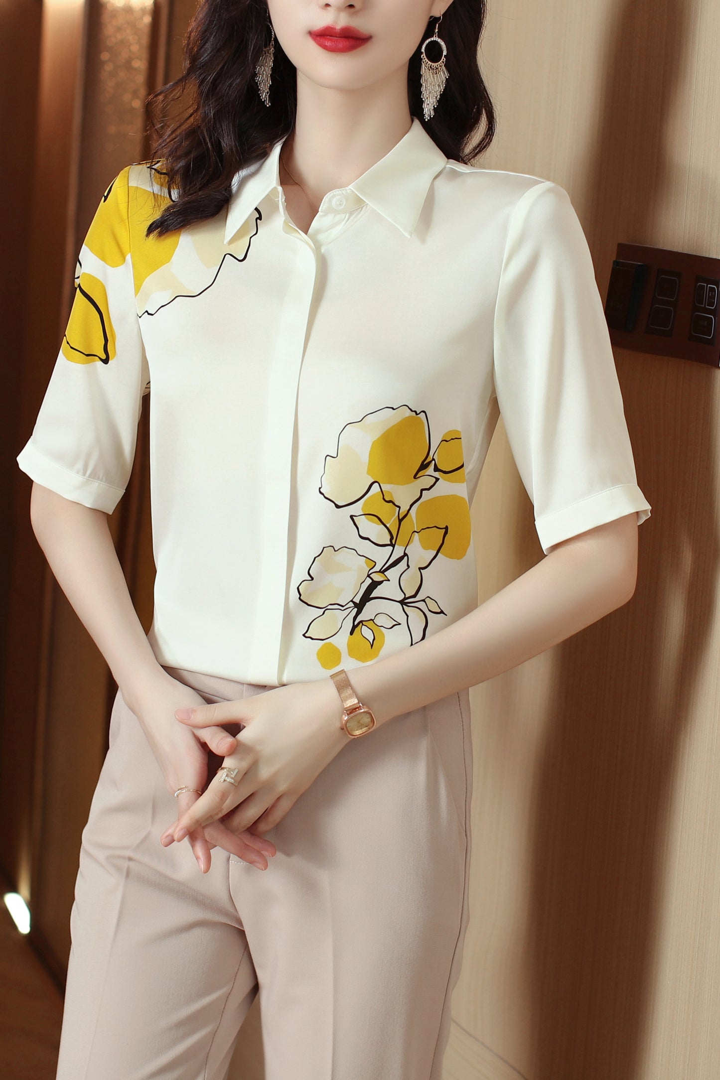Women's Collared Floral Print Blouse Short Sleeve Tops