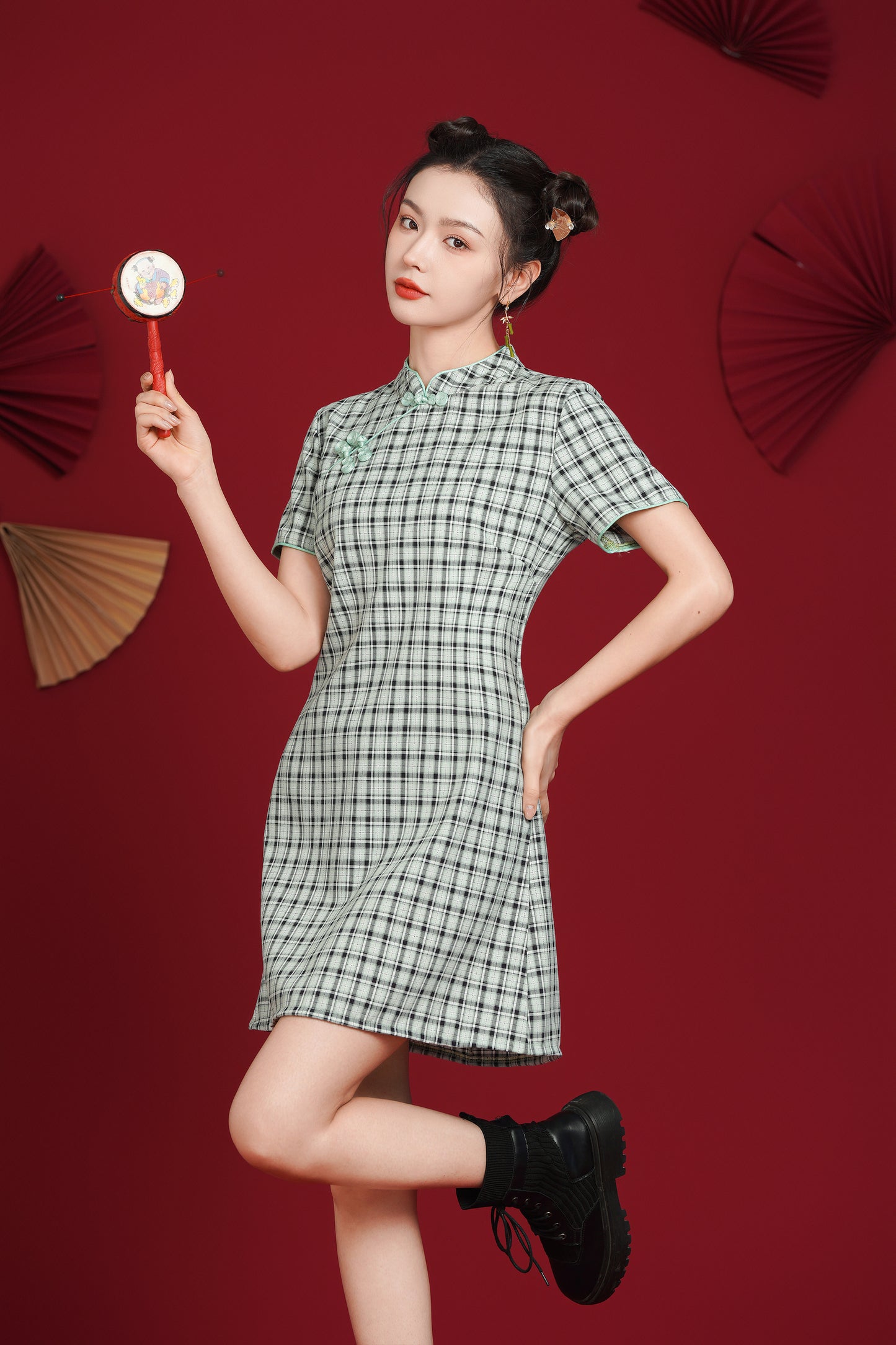 Women's Chinese Cheongsam Print Side Slit Mini Dress