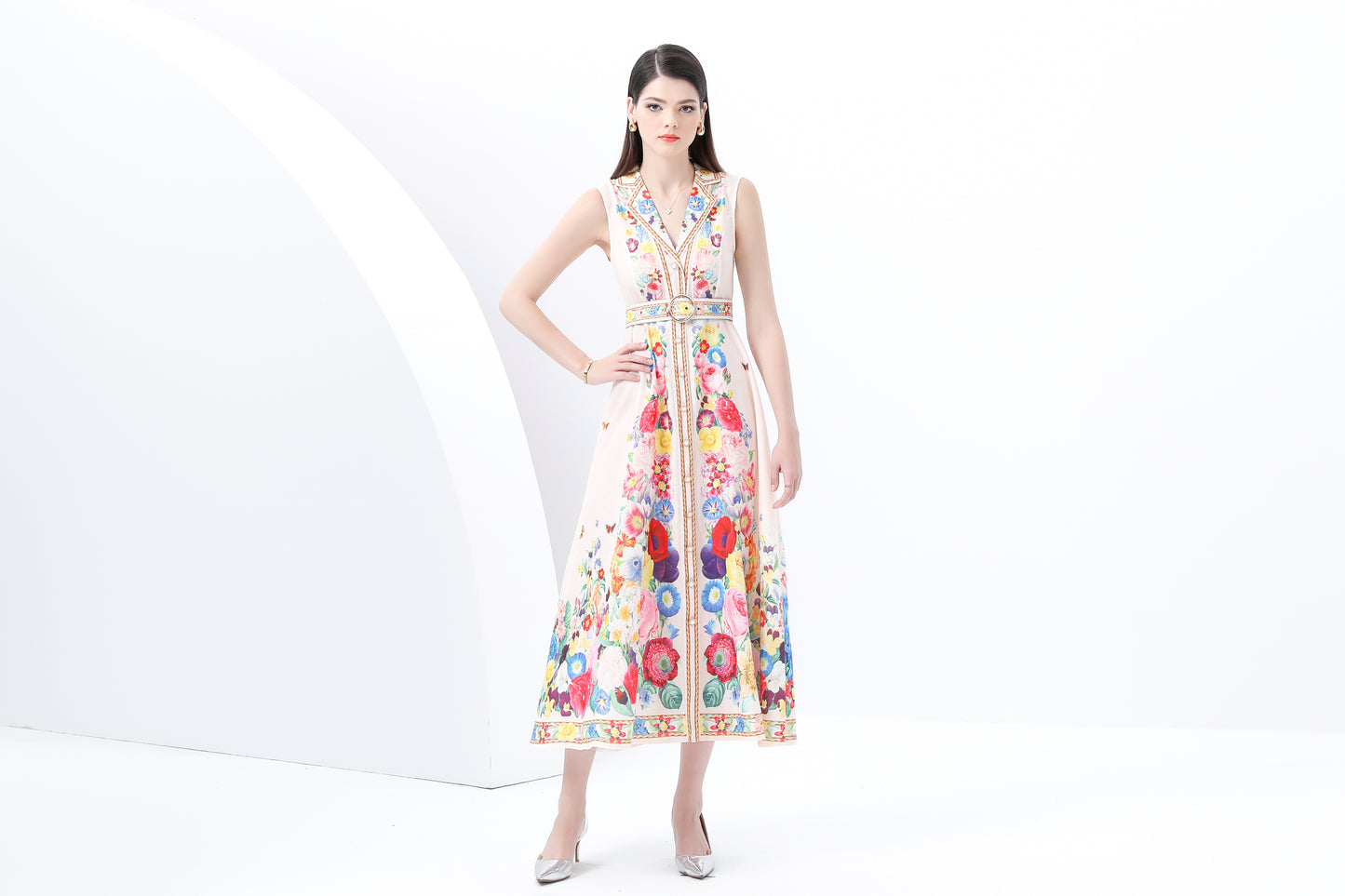 Women's Floral Print Sleeveless V Neck Maxi Dress