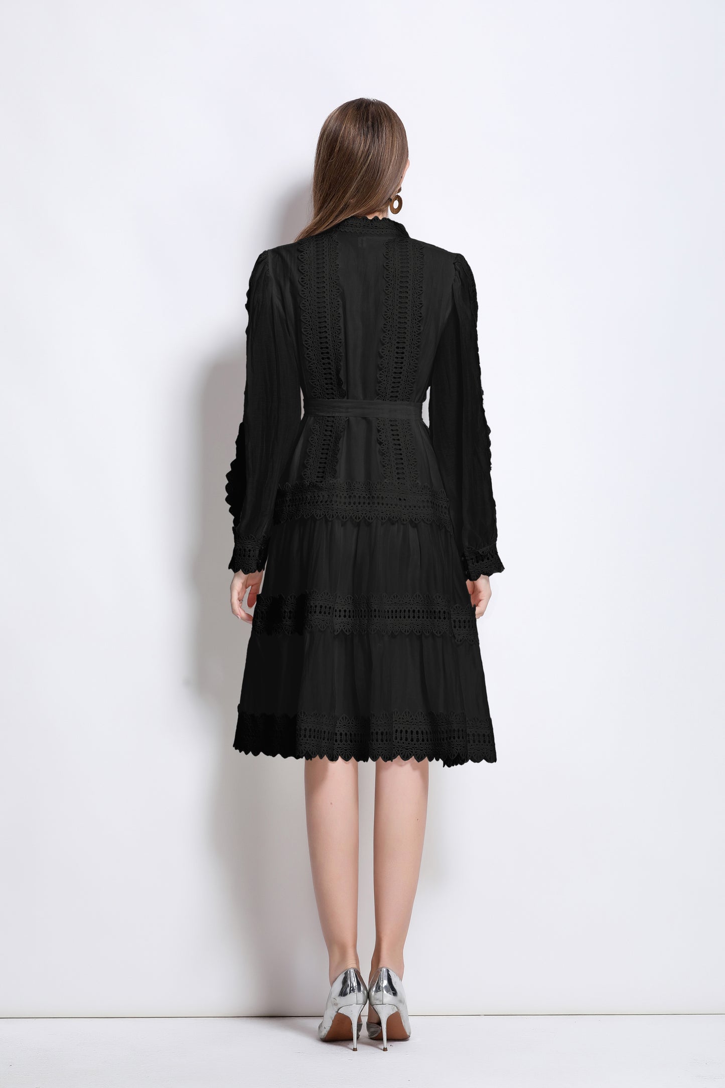 Women's Hollow Lace Lantern Sleeves Midi Dress
