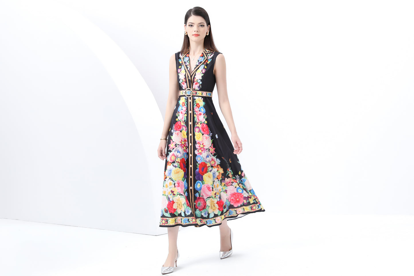 Women's Floral Print Sleeveless V Neck Maxi Dress