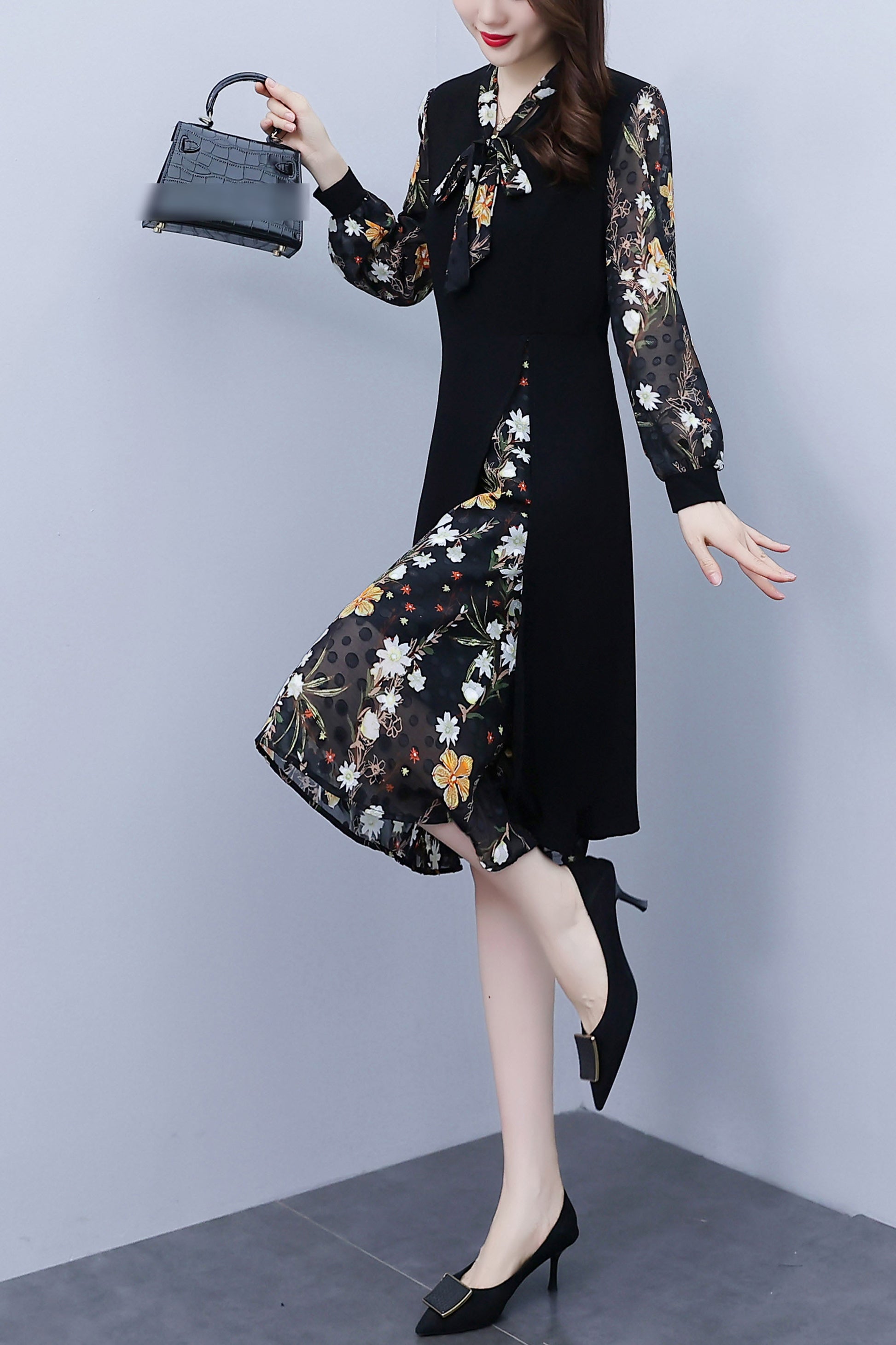 Women's Elegant Patchwork Design A-Line Midi Dress - LAI MENG FIVE CATS