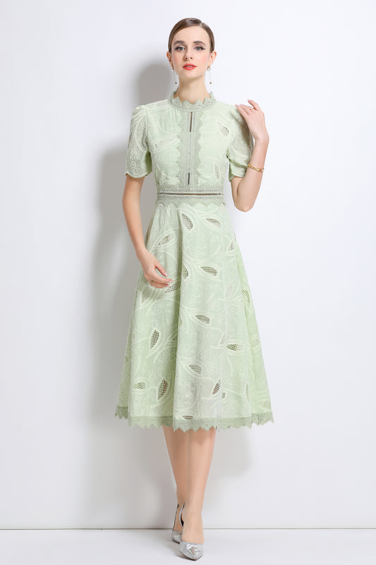 Women's Lace Hollow Short Sleeve Midi Dress