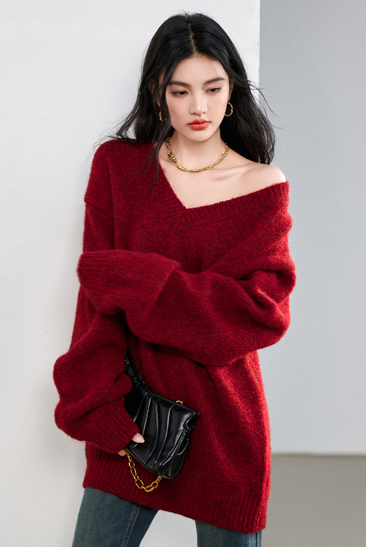 SD-Womens Off The Shoulder Loose Sweater - LAI MENG FIVE CATS