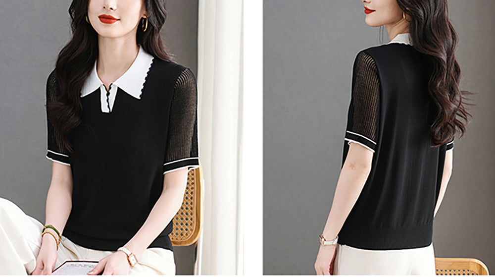 Women's Contrasting Color Polo Collar Knit Blouse
