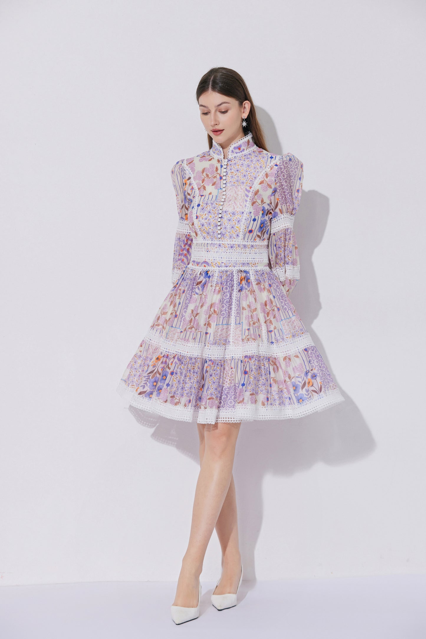 Women's Puff Sleeves Hollow Mesh Mini Dress