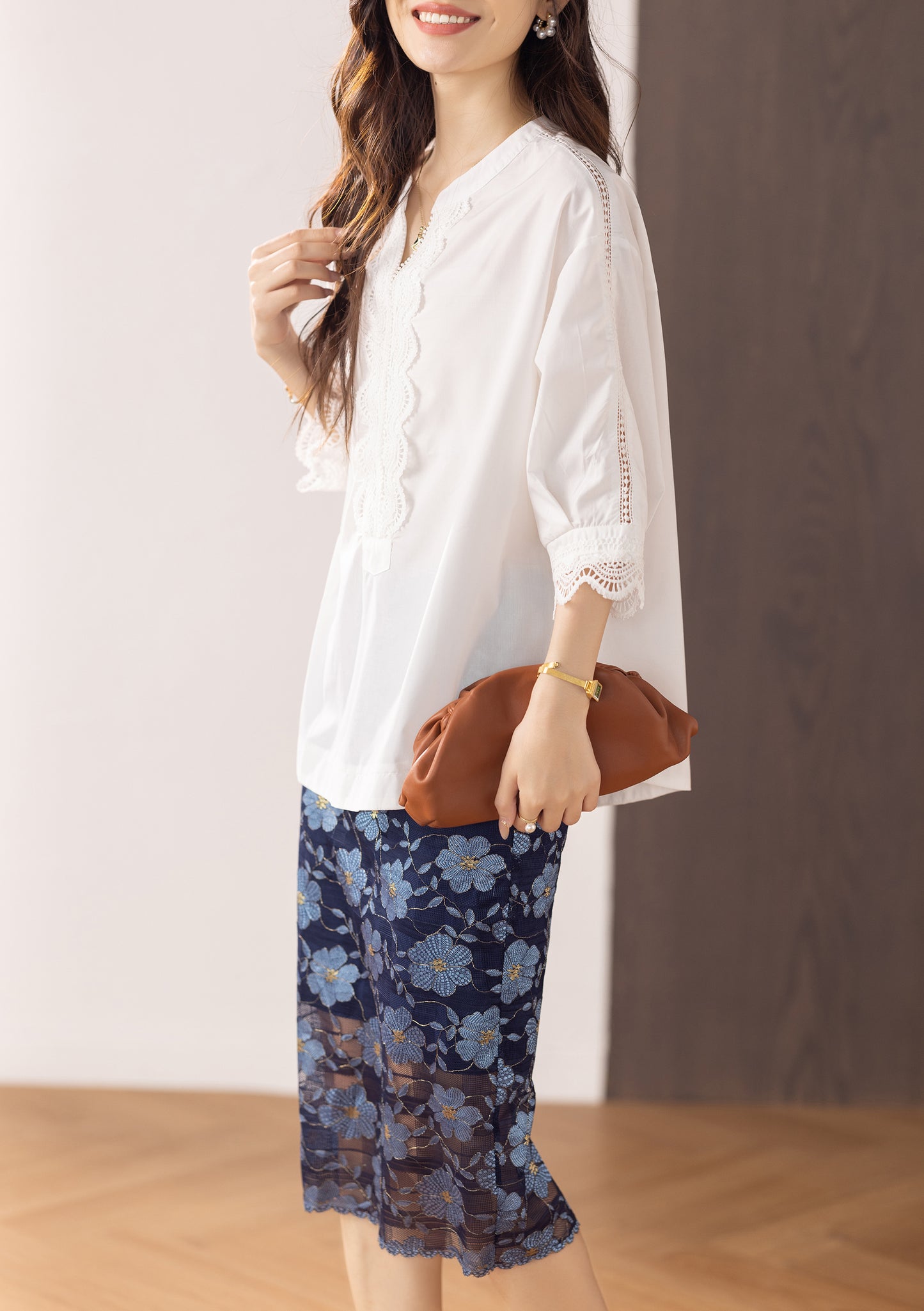 Women's V Neck Lace Floral Blouse Tops Shirts