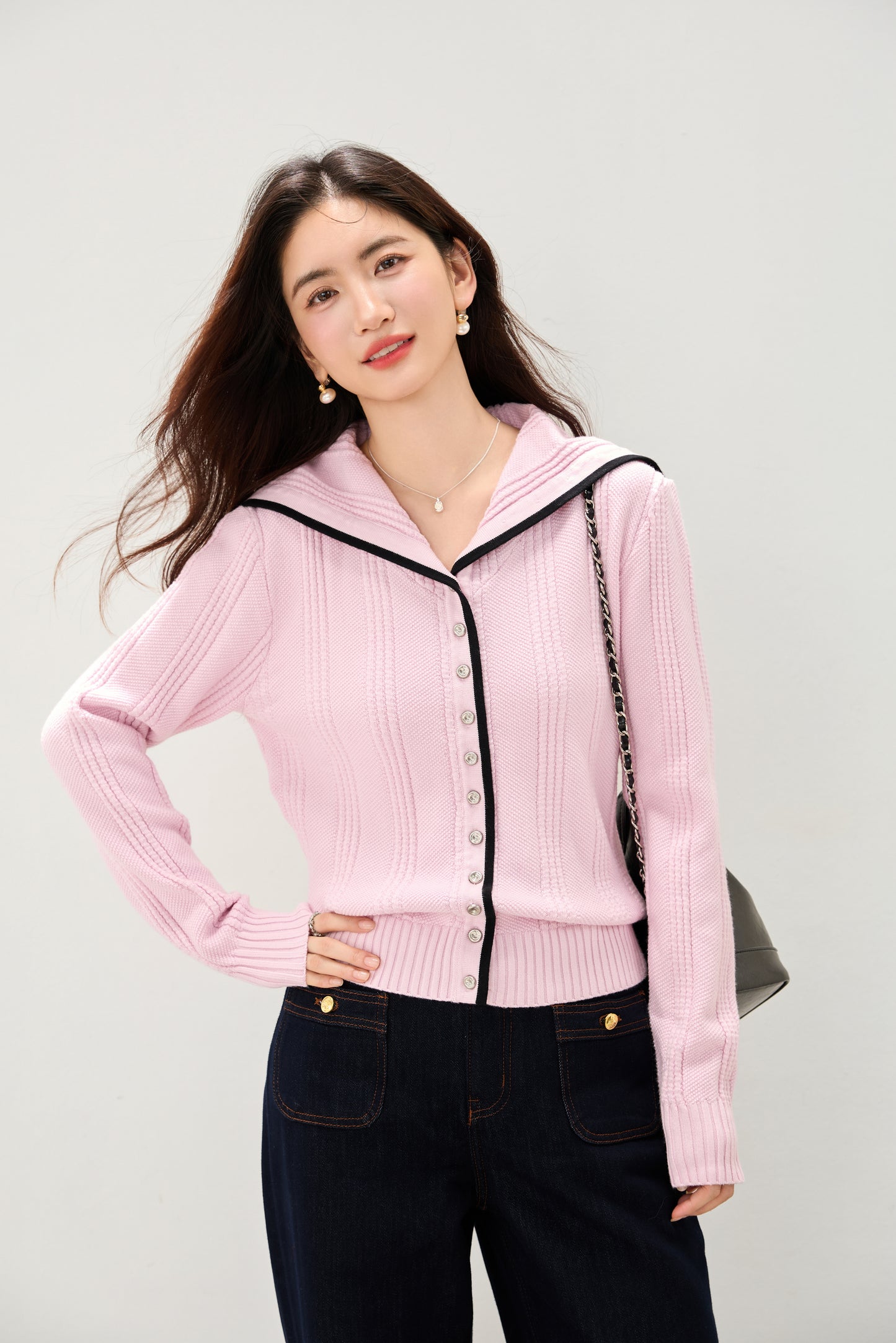 Women's Sailor Collar Long Sleeve Stripe Cardigan Sweater