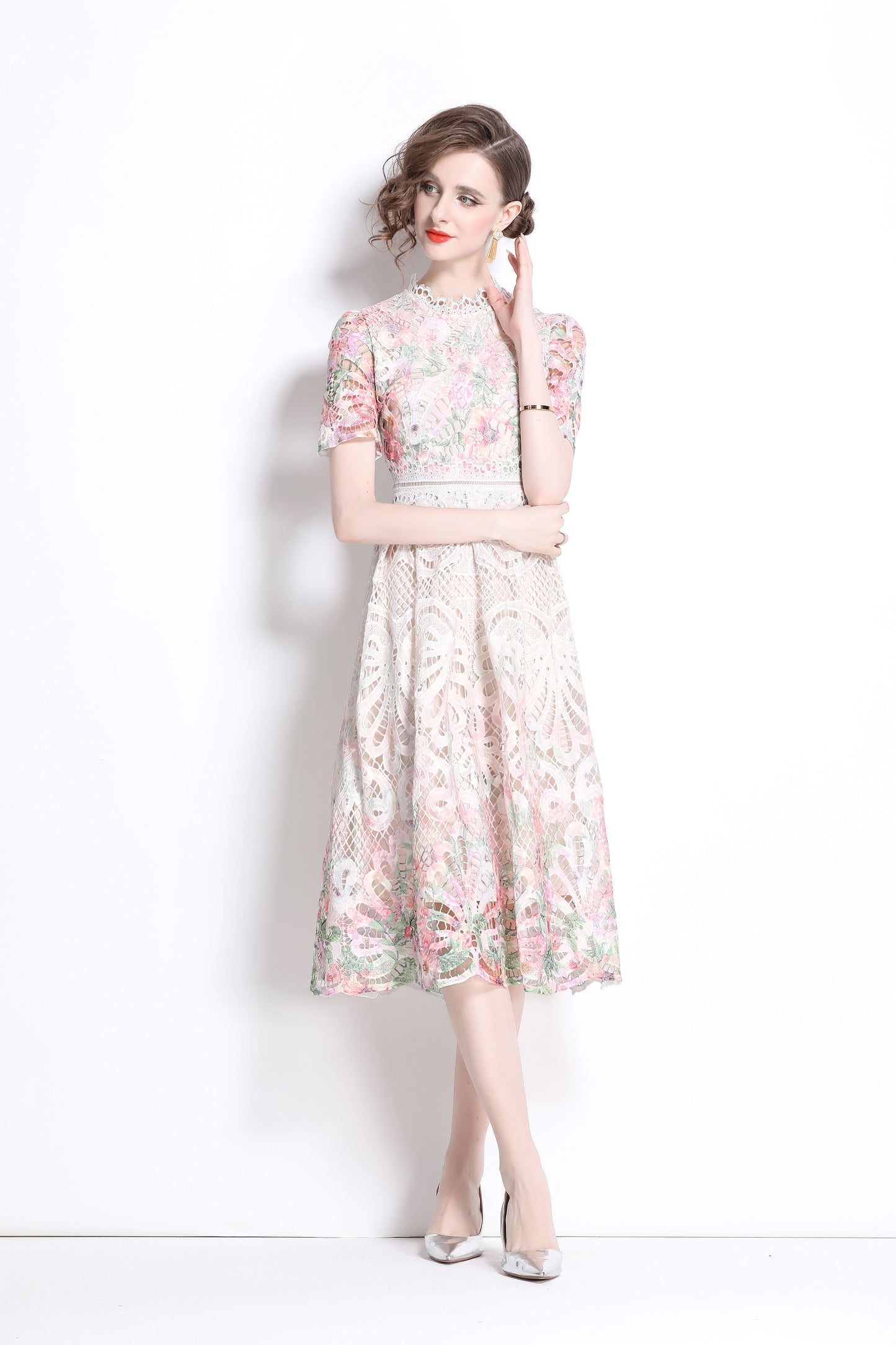 Women's Lace Floral Short Sleeve Crochet Waist Cocktail Midi Dress - LAI MENG FIVE CATS