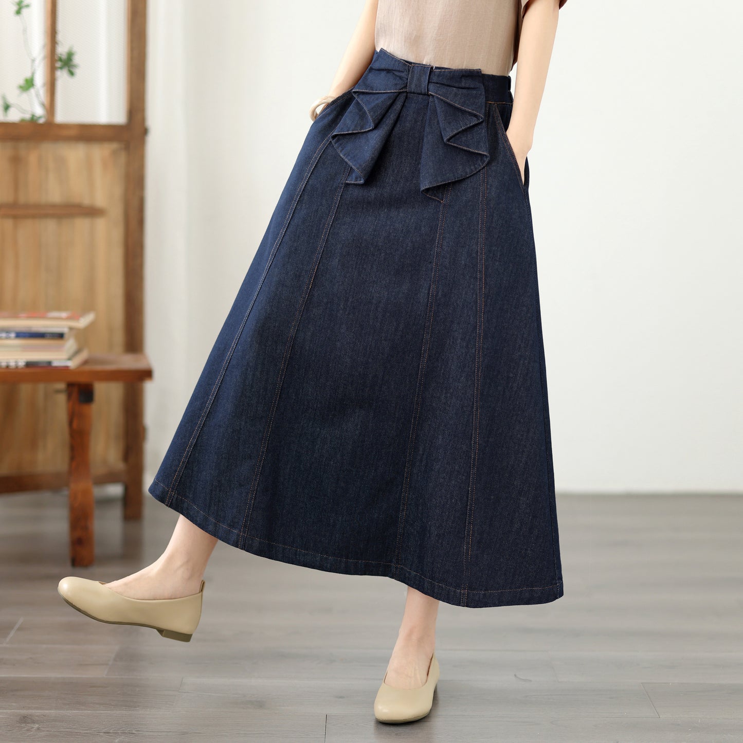 Bow Waist Denim Midi Skirt – Dark Wash Quiet Luxury Skirt