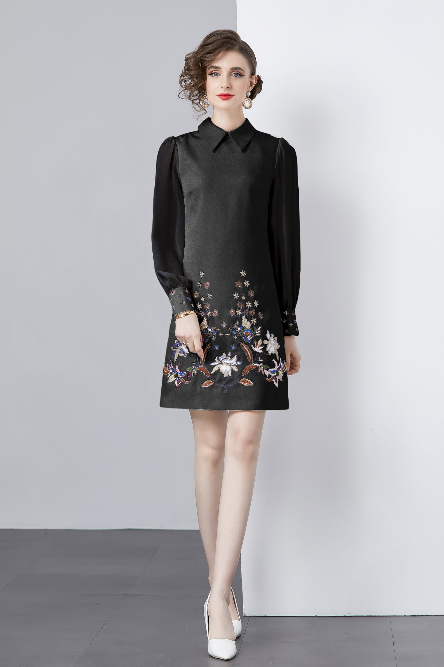 Vintage Women's Elegant Embroidered Hight Neck Mini Dress - LAI MENG FIVE CATS