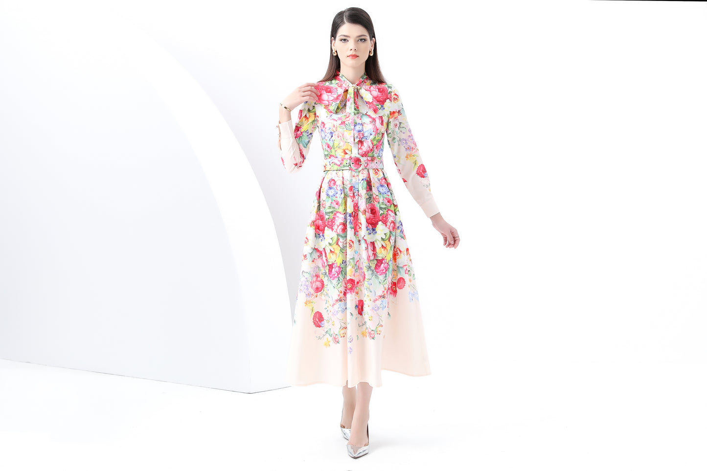 BK-Floral print Tie Neck Maxi Dress