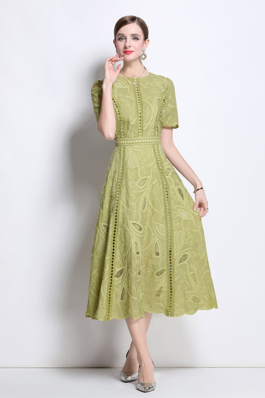 Women's Floral Lace Short Sleeve Evening Midi Dress