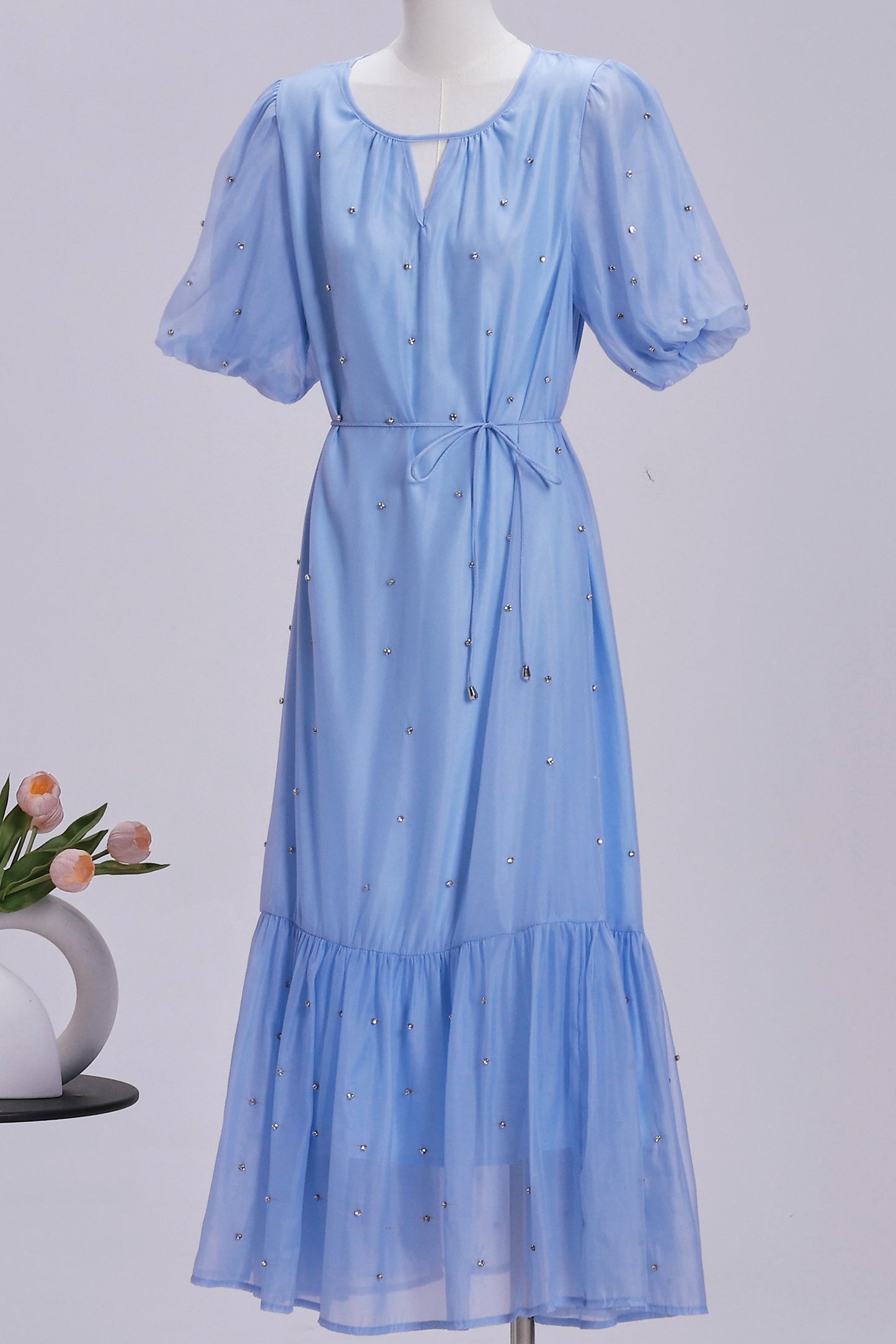 Women's Beaded Ruffled Puff Sleeve Maxi Dress