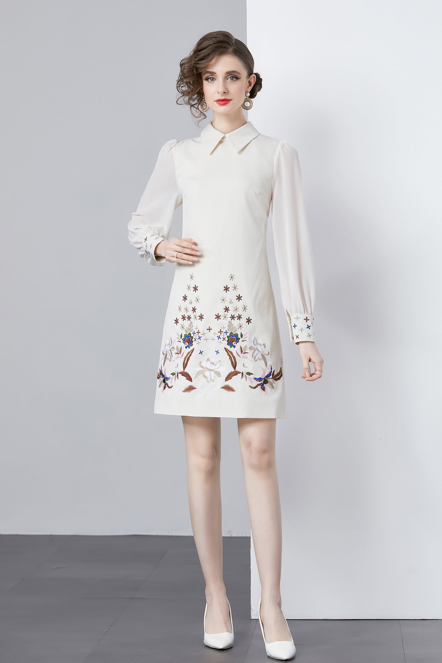 Vintage Women's Elegant Embroidered Hight Neck Mini Dress - LAI MENG FIVE CATS
